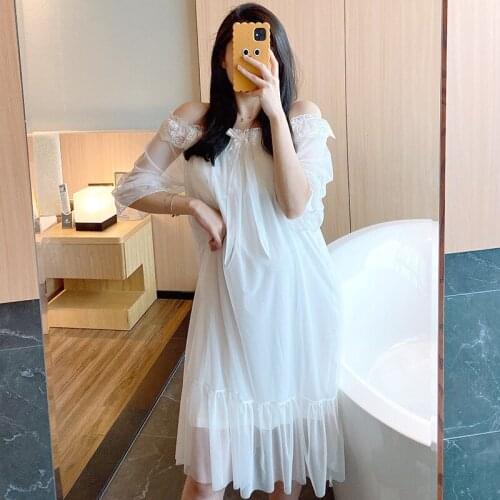 Women Off the Shoulder Short Sleeve Nightgown Sexy Lace Flower Trim Nightdress Intimate Lingerie Loose Long Sleepwear With Bow