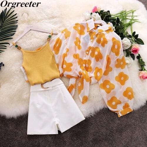 3 Piece Set Women Loose Flower Printing Chiffon Sunscreen Shirt + Fruit embroidery Knit Vest +High waist metal ring shorts Suits