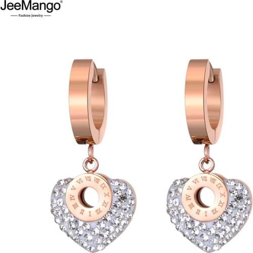 JeeMango Trendy Roman Numerals Titanium Stainless Steel White/Black Clay Crystal Love Heart Hoop Earrings For Women Girl JE19135