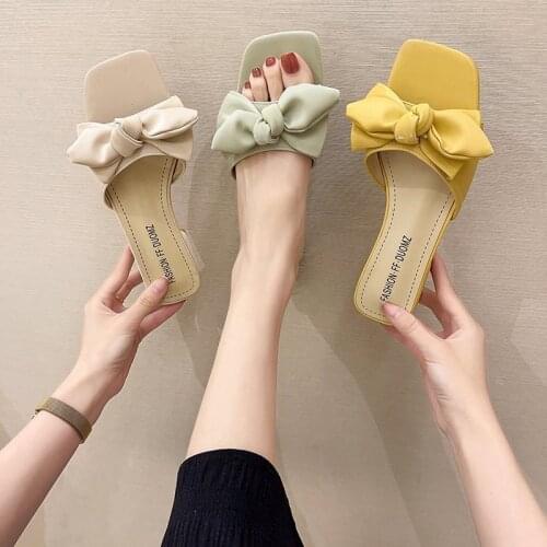 Bow Knot Ladies Slippers Women Shoes Summer Slipper Square High Heels Outside Fashion Slides Casual Shoes Woman Sexy Slippers