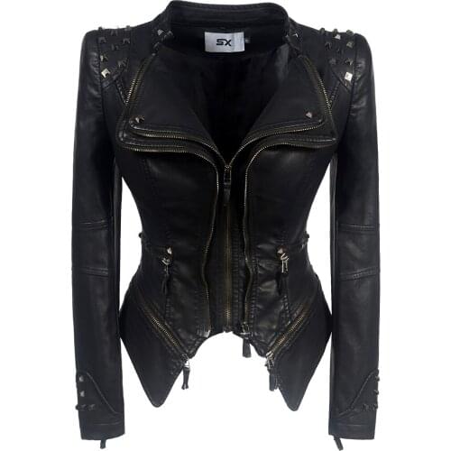 Womens new autumn European and American style shoulder shrug rivet slim waist wash leather motorcycle leather PU
