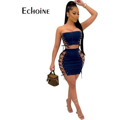 Echoine Summer Women Strapless Blue Denim Hole Out Bodycon Sexy Bandage Top and mini skirt Beach Party Club 2 Piece Set Outfits