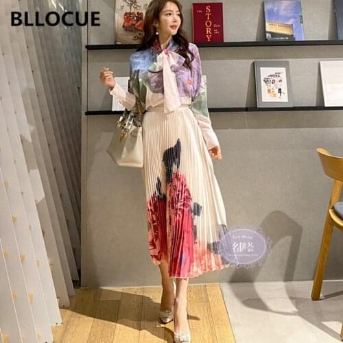 BLLOCUE Elegant Floral Print Suit Women Fashion Long Sleeve Bow Collar Shirts Tops+ Pleated Long Skirt Set Vintage 2 Pieces Set