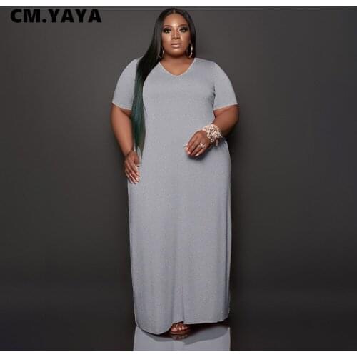 CM.YAYA Women Dress Plus Size XL-5XL Solid Short Sleeve V-neck Pullover Straight Floor-length Dresses Hight Street Casual Outfit