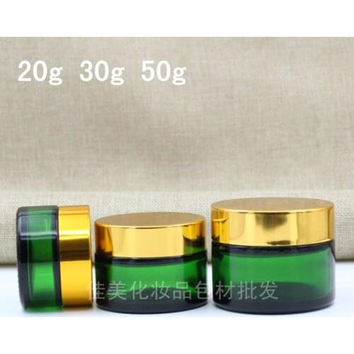 10pcs 20 g 30 g 50g Cream Green Glass Jar Empty Bottles Refillable Container Cosmetic Gold/Silver/Black Cap Choose