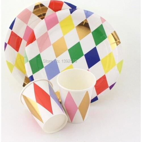 160pcs/Lot Harlequin Pattern Paper Plates and Cups Gold Foil Tableware for Wedding Bachelorette Party First Birthday Decoration