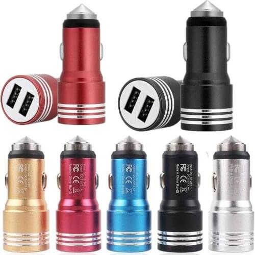 500PCS Safety Hammer car charger Alloy 2.1A Dual usb Ports Auto Car Chargers For smart phone for samsung s8 s9 s10