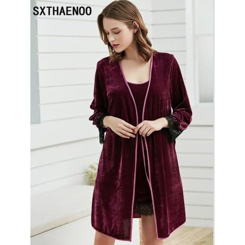SXTHAENOO Velvet 2 Pieces Warm Winter Pajamas Sets Women Sexy Robe Pajamas Sleepwear Kit Sleeveless Nightwear