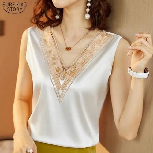 2021 Summer Blouses Elegant Satin Blouses Women Silk Tops Sleeveless Fashion Korean Lace V-neck Plus Size Loose Clothes 13731
