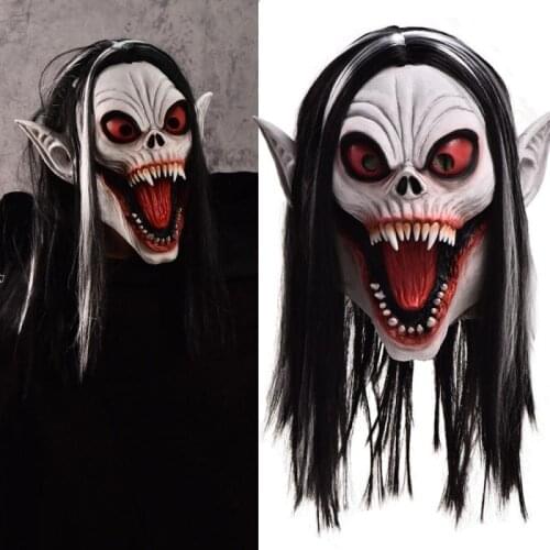 Long Black Hair Sharp Ears Red Eyes Skull Canines Mask Horror Headgear Vampire Devil Cos Halloween Dance Party Cosplay Props