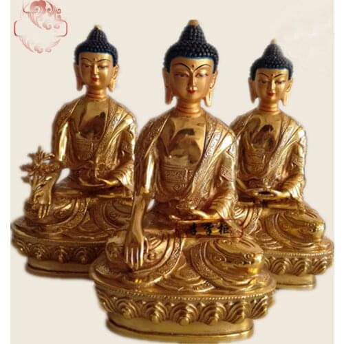 HOME Temple Phra Sompo Buddhas # India Tibetan Buddhism Amitabha Sakyamuni the Medicine Buddha Gold gilding brass statue