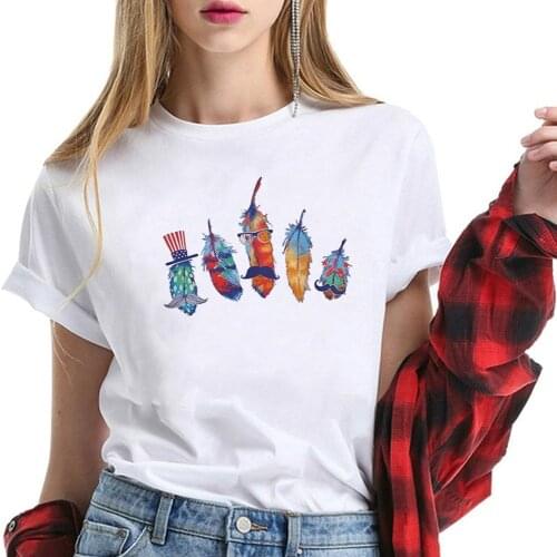 Graphic T Shirts Women Vintage Feather Print Funny T Shirt Women Short Sleeve Summer Cartoons Tees Tops Camisetas De Mujer