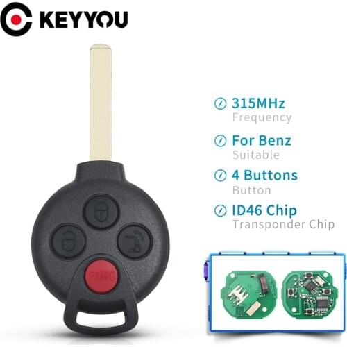 KEYYOU 3/4 Buttons Remote Car Key For Mercedes-Benz Smart Fortwo 451 2007 2008 2009 2010 2011 2012 2013 315Mhz ID46 PCF7941 Chip