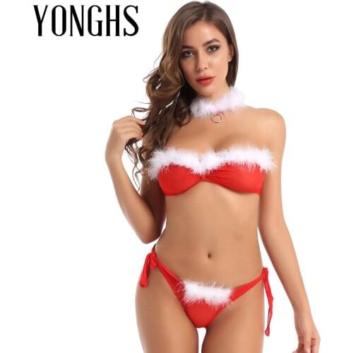 Womens Erotic Sheer Mesh Santa Costume Christmas Lingerie Set Feather Trim Bra Top with Tie Side Briefs Underwear and Choker