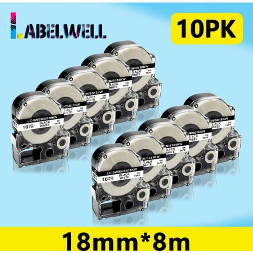 Labelwell 10pcs Black on White label tape SS18KW LC-5WBN compatible for Epson LabelWorks LW-C410 LW-400 LW-600P label makers