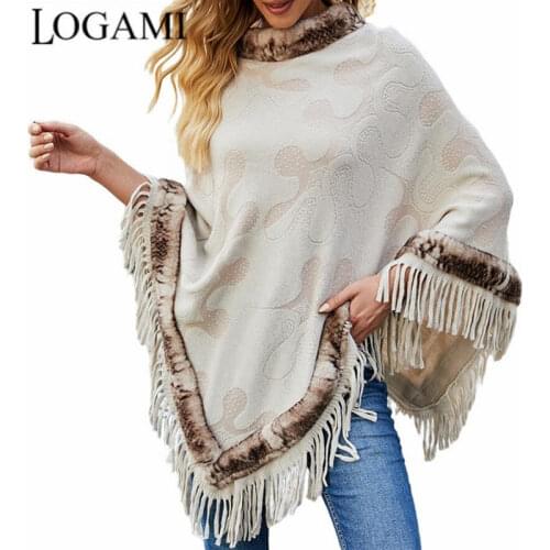 LOGAMI Fur Collar Cape Fringed Shawl Knitted Sweater Autumn Winter Coat Womens Coats and Capes