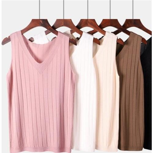 Summer Sexy V-Neck Knitted Tank Top Women Soft Ribbed stripe Cotton Elastic Sleeveless Vest Ladies Casual Shirt Camisole Female