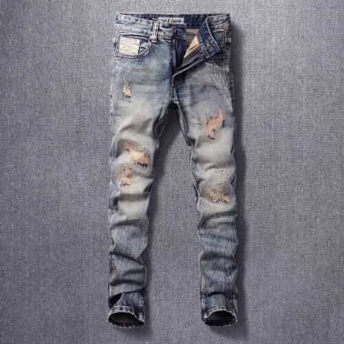Italian Style Fashion Jeans Men High Quality Slim Fit Destroyed Ripped Jeans Retro Wash Vintage Patchwork Designer Denim Pants