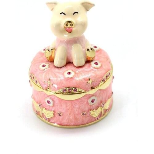 New Style Pig on Round Trinket Box Enamelled Metal Jewelry Gift Boxes New Year Gifts