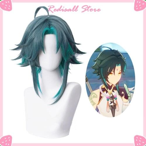 Genshin Impact Xiao Cosplay Wig Synthetic Hair Heat Resistant Halloween Unisex Short Green Mixed Blue Role Play for Adult