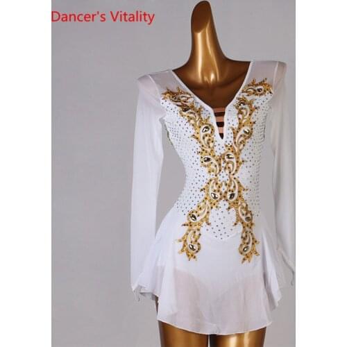 Latin Dance Dress V-Neck Diamond Skirt Mesh Long Sleeves Practice Clothes Profession Custom Adult Child Performance Clothing