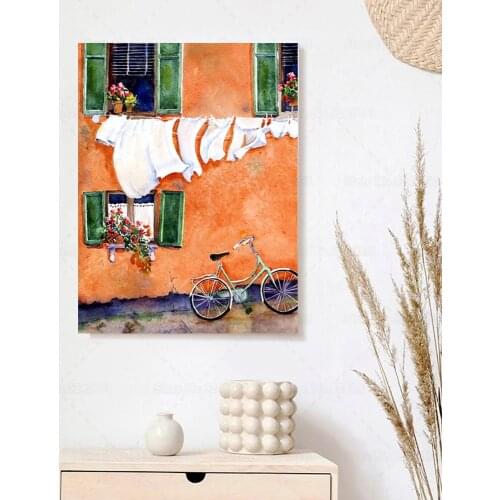 Desert Sunlight and Road Bicycle Fresh Landscape Poster Flower At The Window Dry Laundry Canvas Painting Wall Art Decor