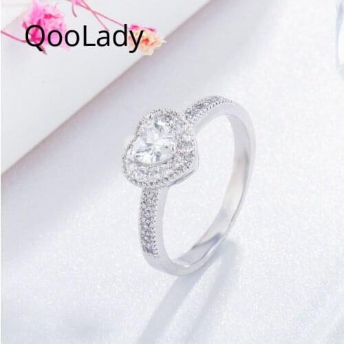 QooLady New Fashion Love Heart Shape Cubic Zircon Crystal Cute Engagement Ring for Women Ladies Valentine Day Gift Jewelry F045