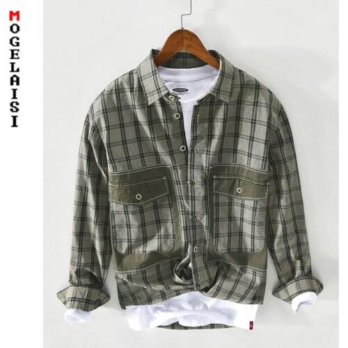 Plaid shirt men long sleeve cotton high quality man clothing 2021 spring casual Big pocket shirts chemise homme Asian size Z132