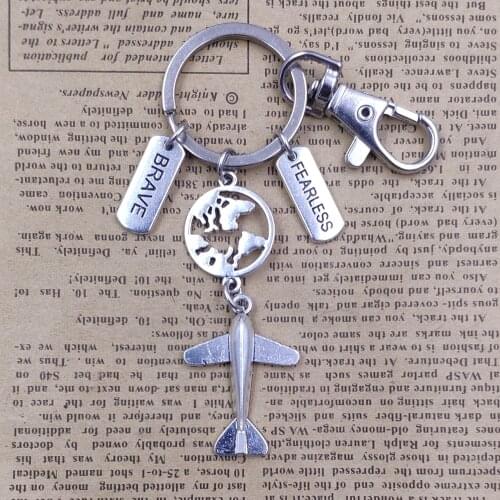 Plane Aircraft Bicycle Earth Keychain Sailboat Key Ring Travel Retro Silver Plated Tassels Men Boy Pilot Gift CF001-044
