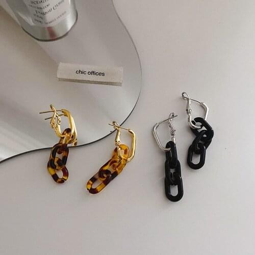 Minar Black Leopard Resin Chain Earrings for Women Gold Color Hooks Acetate Hollow Chunky Link Long Dangle Earrings Pendientes