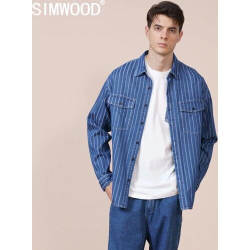 SIMWOOD 2021 Spring New Striped Denim Shirts Men Fashion Plus Size Overshirts High Quality Brand Clothing SK130250
