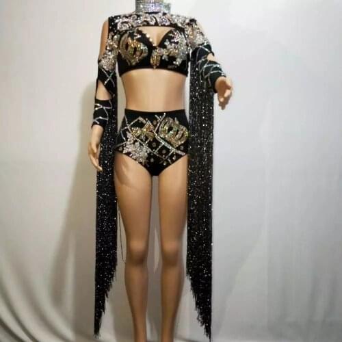 Sexy Black Gold Crystal Rhinestone Bikini Dance Set Women Carnival Party Stage Performance Outfit Set Tassel Jazz Singer Costume