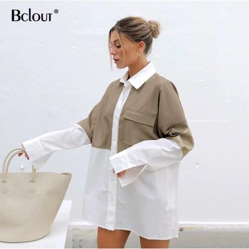 Bclout Loose Long Sleeve Casua Shirt Panelled Turn Down Collar Button Up Shirts Work Wear Tunic Women Blouse Streetwear Top 2021