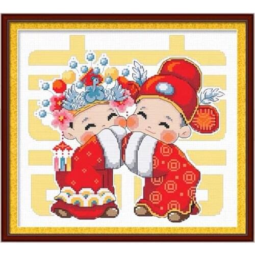 Traditional Bride and Groom Chinese Couple in Traditional Wedding Cartoon Stamped Cross Stitch Kit Embroidery needlework set