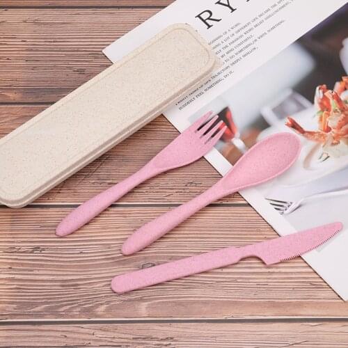 Travel Cutlery Portable Cutlery Box Japan Style Wheat Straw Knife Fork Spoon Student Dinnerware Sets Kitchen Tableware