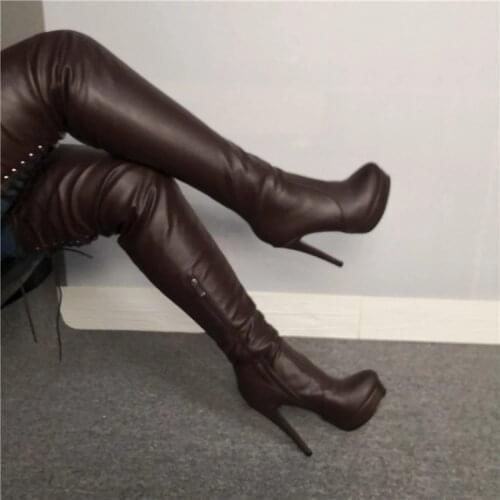 Western Sex Ladies Platform Thigh High Over The Knee Sexy Stiletto High Heels Boots Round Toe Party Shoes Women Plus US 5--15