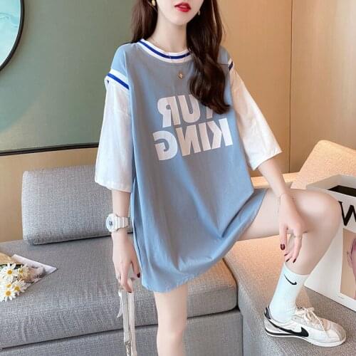 #0146 Blue Black White Short Sleeves T-shirt Women Print Summer Korean Style Casual Loose Preppy Style Fashion Tops Clothes