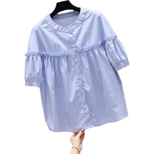 Cotton 100% Solid Ruffles Women Shirts Summer New 2021 O-Neck Half Sleeved Loose Elegant Female Outwear Coats Tops