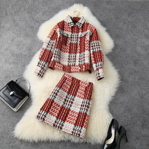European and American womens wear 2020 winter new style jacket seven-point sleeves and lapel collar skirts plaid tweed suit
