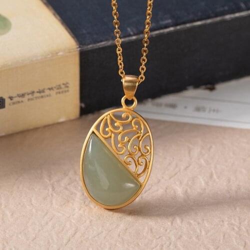 Antique Style S925 Sterling Silver Natural Hetian Jade Gray Jade Gold Plated Personality Hollow out Retro Elegant Womens Neckl