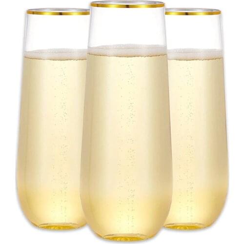 10 Plastic Champagne Glasses 9 oz Disposable Gold frame Transparent Cocktail Glasses Used for Parties Weddings and Birthdays