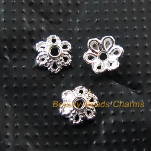 200 New Tiny Flower Connectors Silver Plated End Bead Caps 6mm