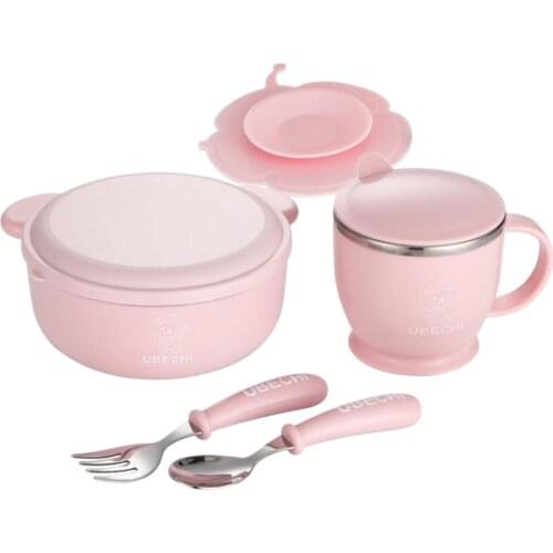 5pcs Baby Feeding Se - Bowl, Spoon, Sippy Cup ,Fork, Mat Portable for Travel
