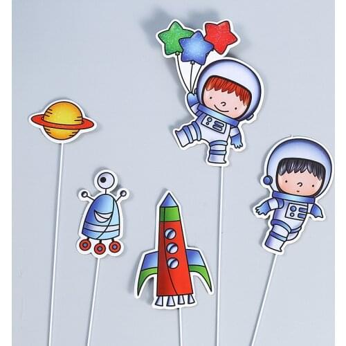 8 Types Space Theme Paper Birthday Cake Topper Astronauts Space Dream Planet Cake Topper for Kid Birthday Party Cake Decorations
