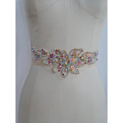 A20 Handmade crystal patches sew on Rhinestones applique with stones sequins beads 24*8cm for top dress