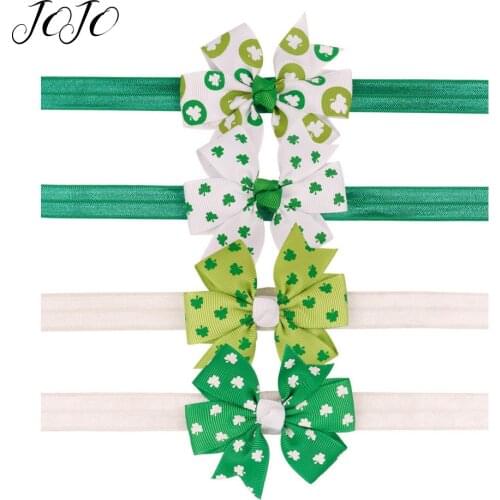 JOJO BOWS 4pcs DIY Craft Supplies Clover Printed Elastics Headband For Girl Shamrock Grosgrain Ribbon Hair Accessories Decor