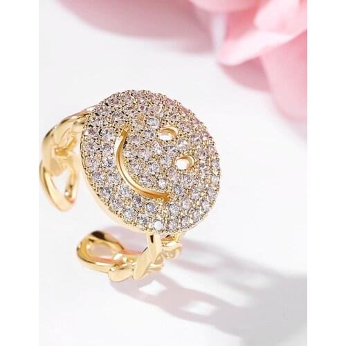 Shiny Cubic Zirconia Ring Smile Face Adjustable Ring Jewelry