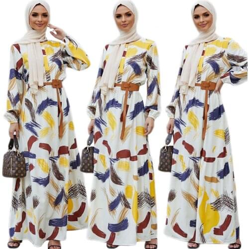 Dubai Elegant Muslim Women Print Long Dress Abaya Islamic Ramadan Clothing Arabic Turkish Ethnic Casual Middle East Maxi Robe