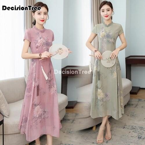 2021 cheongsam ao dai vietnam style elegant lady satin dress retro mandarin collar flower print aodai dress chinese dress qipao