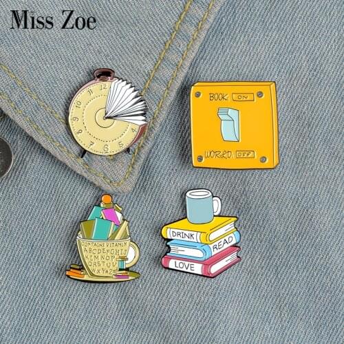 Reading World Enamel Pin Mental Food Book Time Clock Brooch Bag Clothes Lapel Pin Badge Fun Reading Jewelry Gift Kids Friends